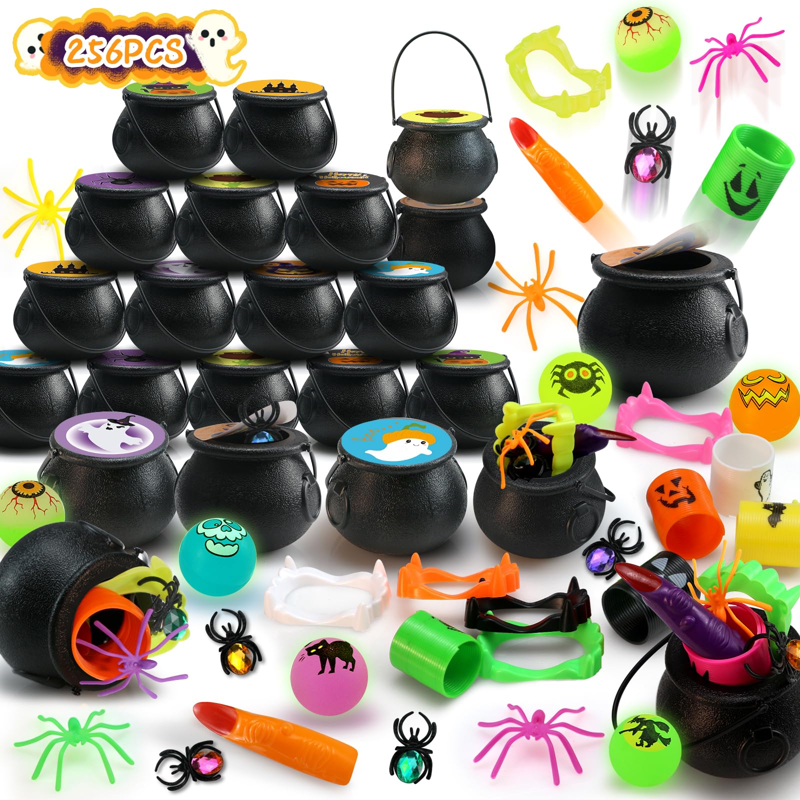 256PCS Halloween Party Favor Bulk for Kids, 32PACK Prefilled Witch Cauldrons with 6 Halloween Toys inside, Halloween Goodie Bag Fillers, Halloween Prizes Gifts Miniatures, Trick or Treat