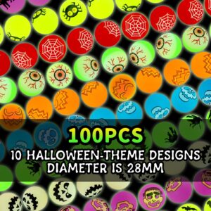 100 Piece Halloween Glow in The Dark Bouncing Balls, 10 Halloween Theme Designs for Halloween Party Favor Supplies, School Classroom Game Rewards, Trick or Treating Goodie Bags, Halloween Miniatures