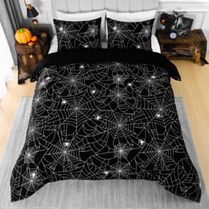 framics 3 piece halloween duvet cover queen size spider web duvet cover set halloween bedding set with zipper closure black comforter cover set includes 1 duvet cover 90 x 90 inches & 2 pillow shams