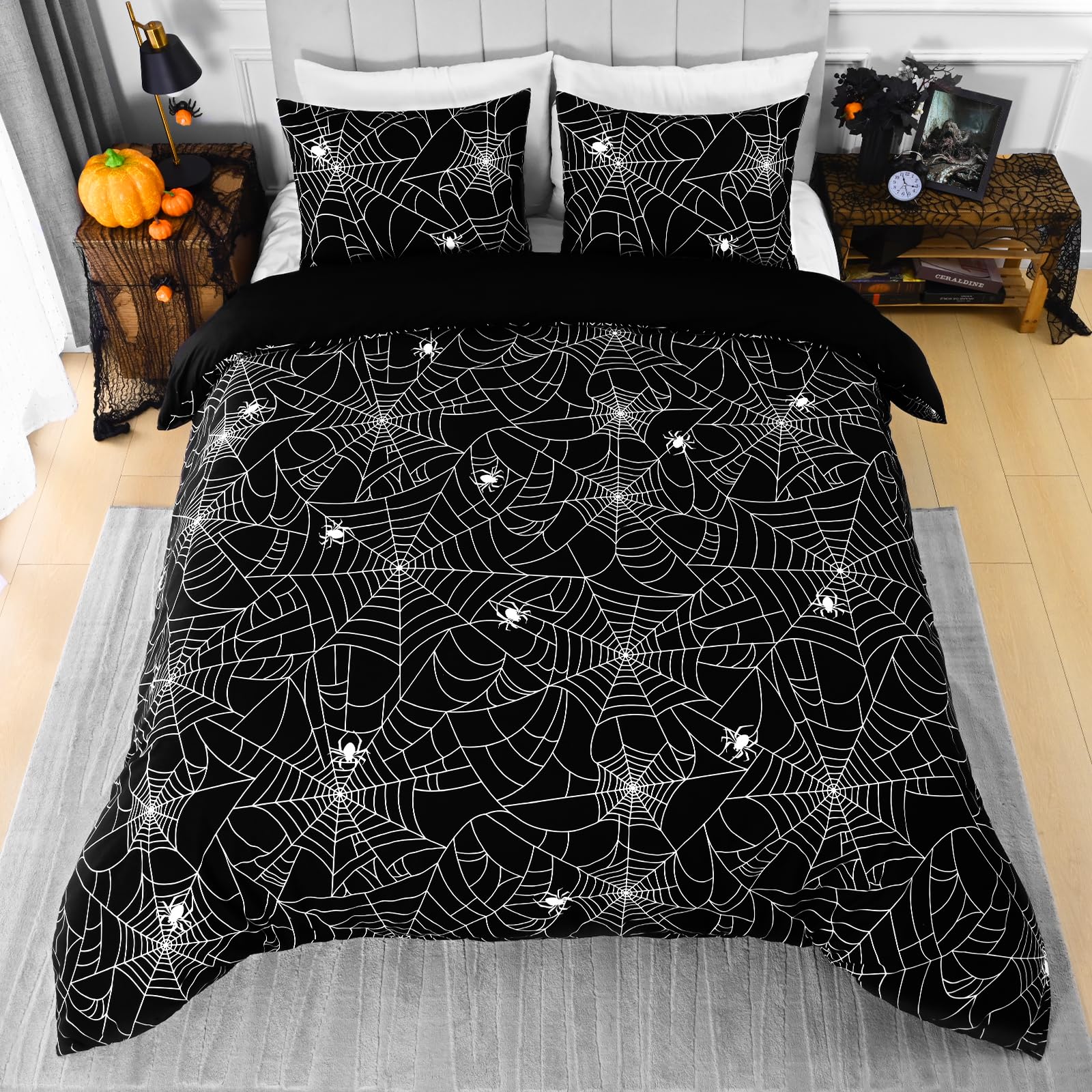 FRAMICS 3 Piece Halloween Duvet Cover Queen Size Spider Web Duvet Cover Set Halloween Bedding Set with Zipper Closure Black Comforter Cover Set Includes 1 Duvet Cover 90 x 90 inches & 2 Pillow Shams