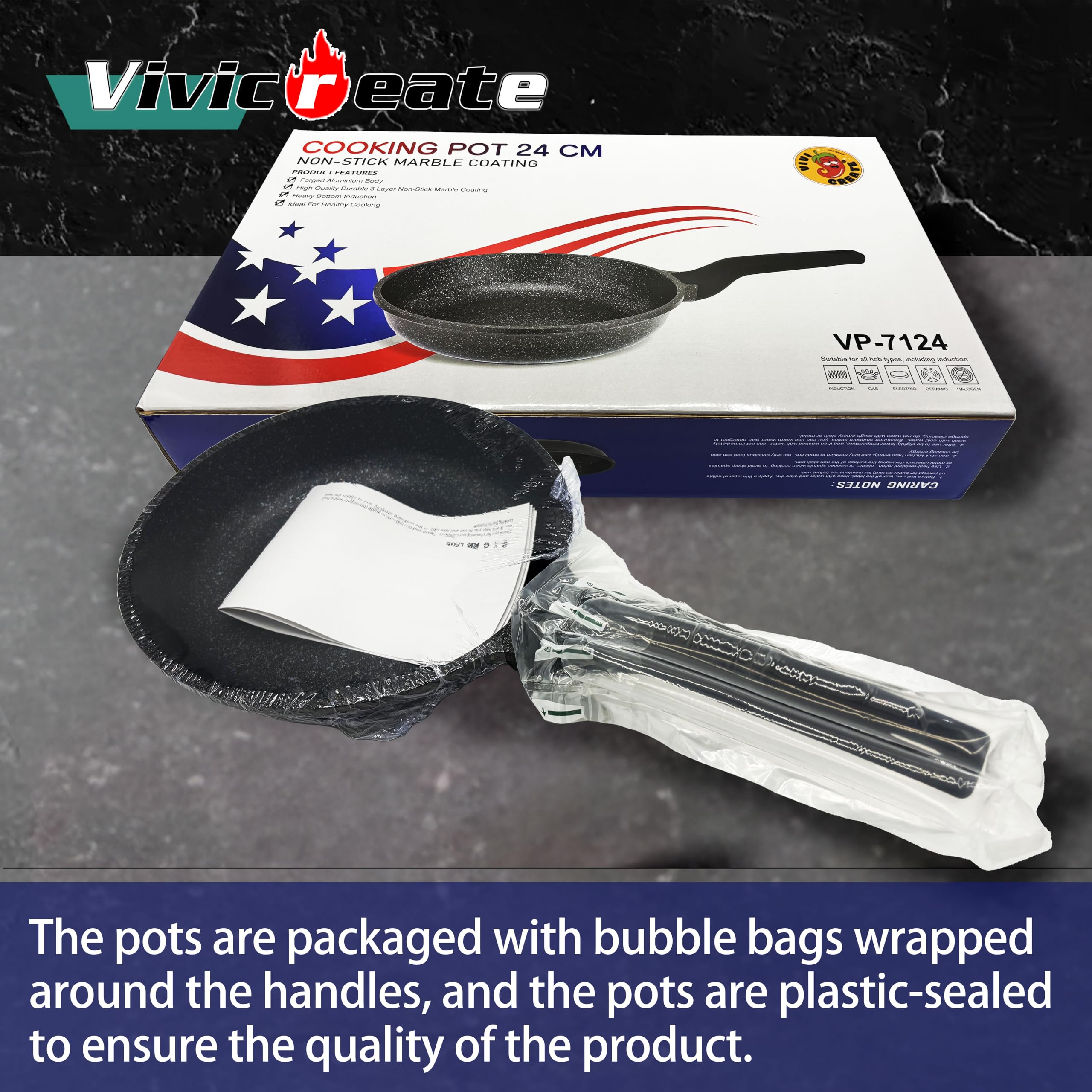 vivicreate 9.5 inch non stick marble color coating fry pan with long rubber coating handle and stainless steel bottom, suitable for induction electrical gas stove