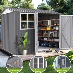 Large Metal Outdoor Storage Shed, 6 x 8 Ft, with Window, Galvanized Steel, Gray, for Backyard Garden Tools