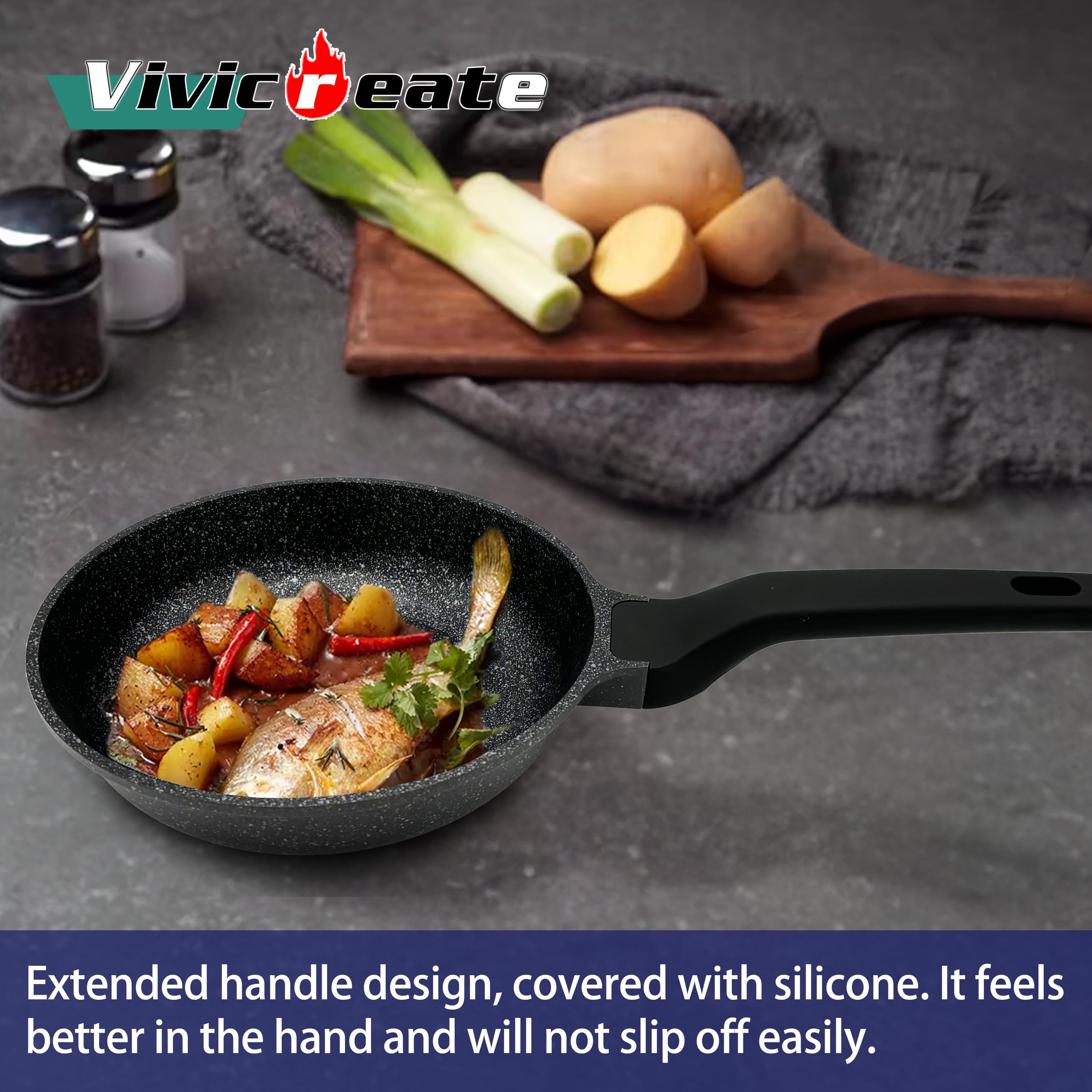 vivicreate 8 inch aluminum marble coating non stick fry pan suitable for electric induction gas stove, dishwasher machine safe