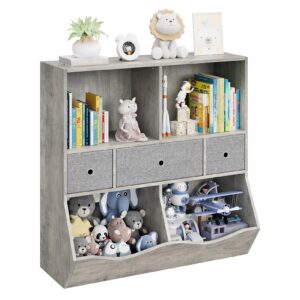 idealhouse kids toy storage organizer with 3 movable drawers, 3 tier children bookcase and bookshelf, 7 cubby toy storage cabinet, toy shelf for playroom, bedroom, living room, nursery,grey