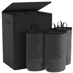 raybee laundry basket 180l laundry hamper with lid black laundry basket 3 section laundry hamper with removable bags collapsible dirty clothes hampers for laundry closet bathroom 24.8''l*16.1''w*27''h