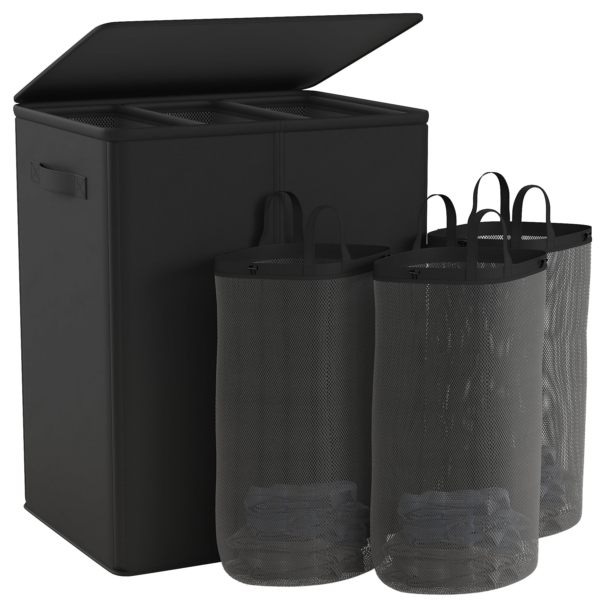 Raybee Laundry Basket 180L Laundry Hamper with Lid Black Laundry Basket 3 Section Laundry Hamper with Removable Bags Collapsible Dirty Clothes Hampers for Laundry Closet Bathroom 24.8''L*16.1''W*27''H