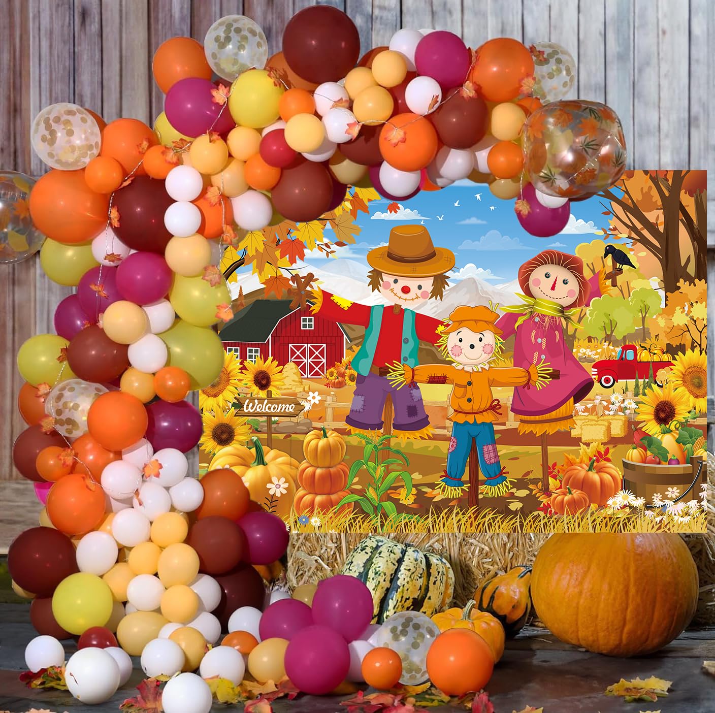 Fall Backdrop Autumn Scarecrow Farm Barn Harvest Photography Background 6x4FT Kids Birthday Party Baby Shower Decorations Supplies Photo Props (72x48 inch)