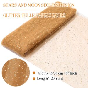 Hosuly 54" x 20 Yard Gold Tulle Fabric Sheer Stars and Moon Gold Tulle Rolls for Tutu Skirt DIY Craft Handmade Dress Skirt Fabric Wedding Decoration(Gold)