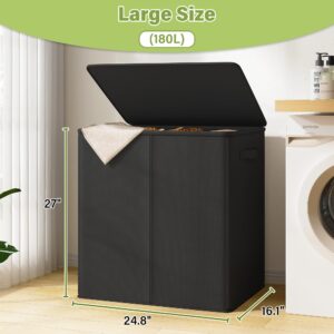 Raybee Laundry Basket 180L Laundry Hamper with Lid Black Laundry Basket 3 Section Laundry Hamper with Removable Bags Collapsible Dirty Clothes Hampers for Laundry Closet Bathroom 24.8''L*16.1''W*27''H