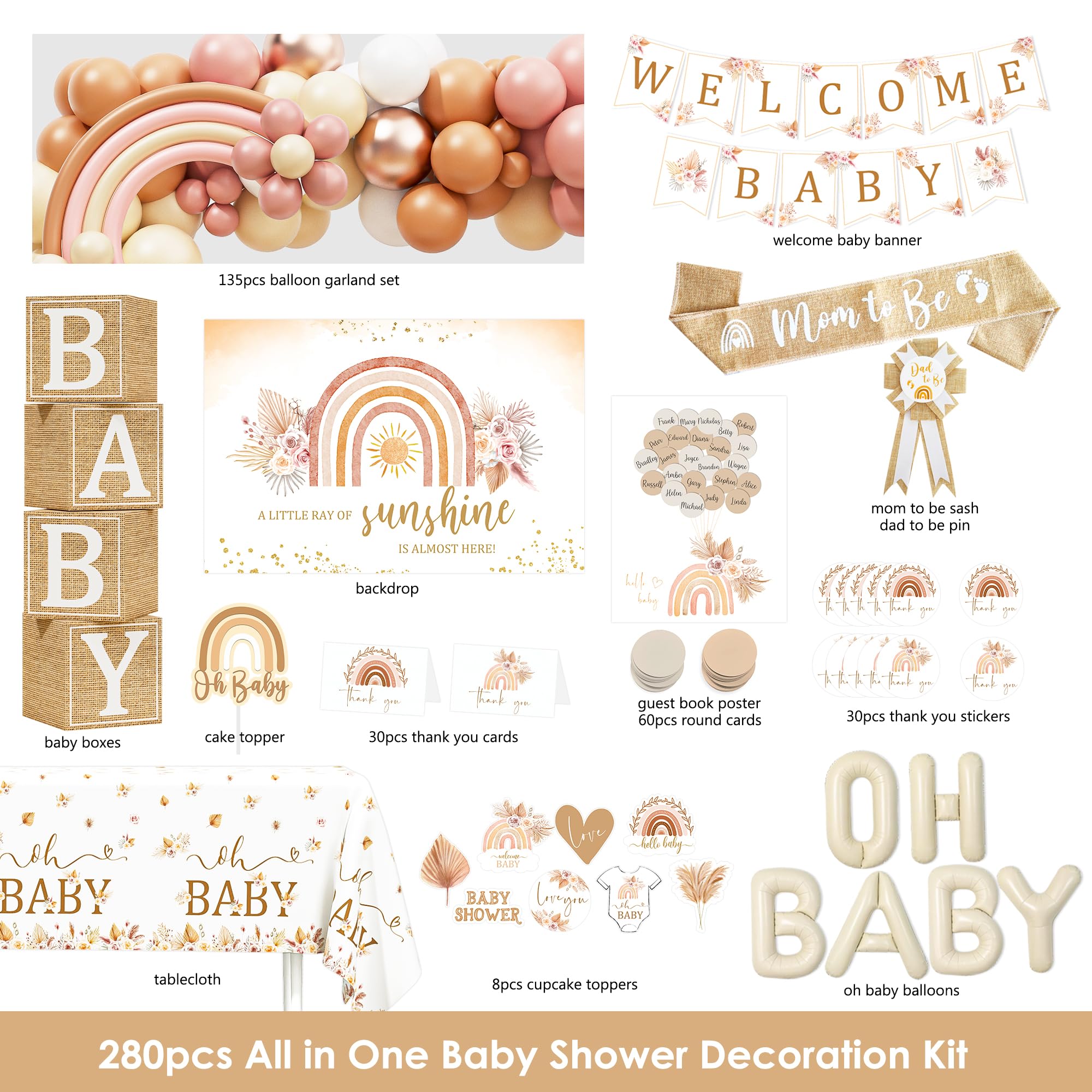 Boho Baby Shower Decorations, Boho Rainbow Baby Shower Party Supplies, A Little Ray of Sunshine is Almost Here, It’s a Girl Gender Reveal, Baby Shower Backdrop Balloon Arch Boxes Mom to Be Sash