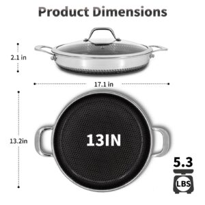 Bakoniion Hybrid Nonstick Skillet with Lid 13 Inch, Stainless Steel Paella Pan with Two Handles Multi-Functional Pan Dishwasher and Oven Safe