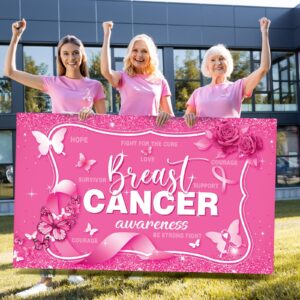 Tiamon Breast Cancer Awareness Backdrop Decorations Banner, Pink Ribbon Hope Party Survivor Party for Photography Background Pink Ribbon Walk Charity Party Supplies, 43.31 x 72.83 Inch (Pink, White)