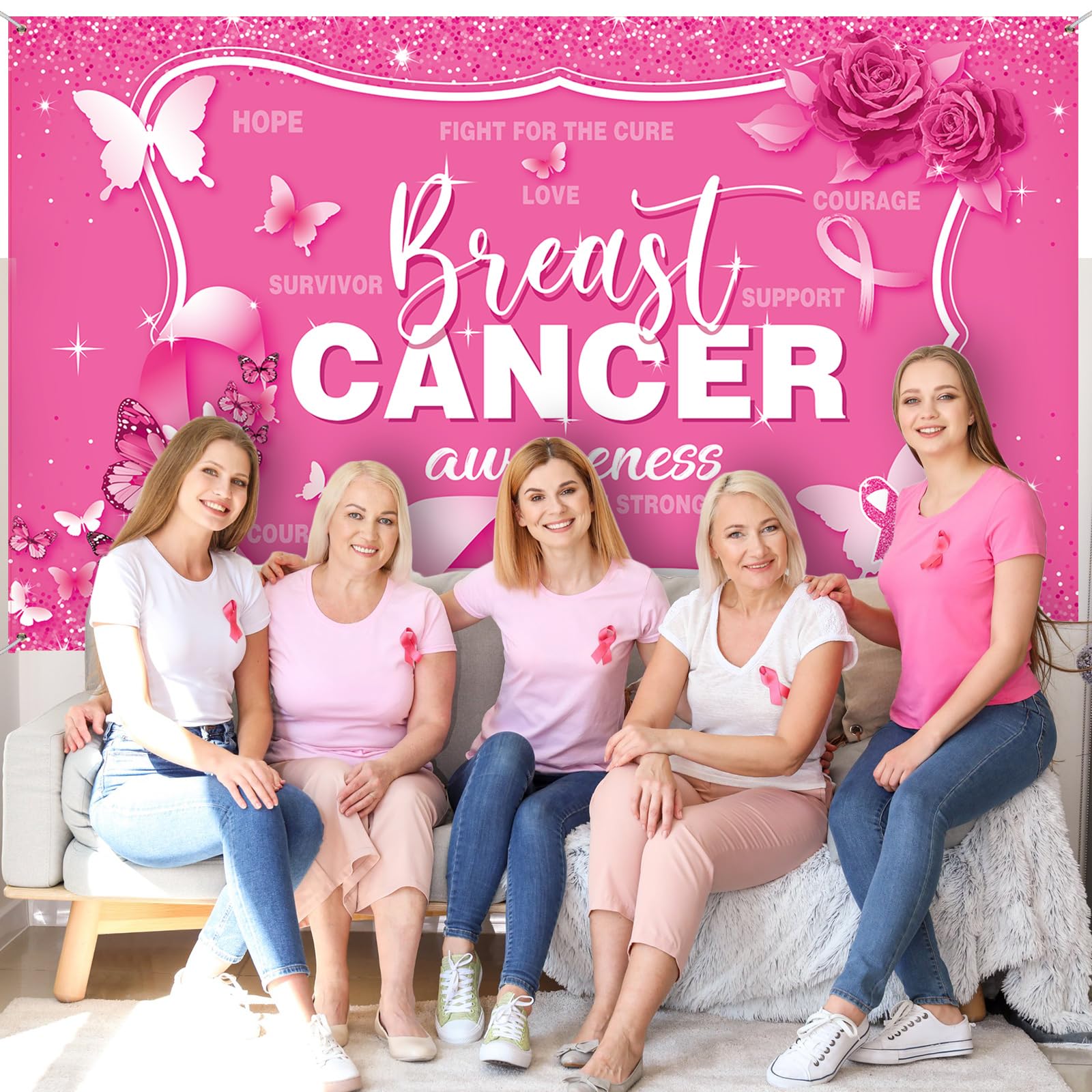 Tiamon Breast Cancer Awareness Backdrop Decorations Banner, Pink Ribbon Hope Party Survivor Party for Photography Background Pink Ribbon Walk Charity Party Supplies, 43.31 x 72.83 Inch (Pink, White)