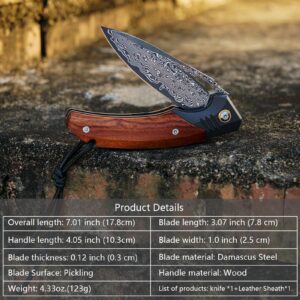 Handmade Forged Damascus Steel Folding pocket Knife, 3.07inch Damascus Steel Blade and 4.05inch Wood Handle,with pocket Clip,Retro Leather Sheath, EDC Pocket Knives for Camping Tactical Outdoor Knife.