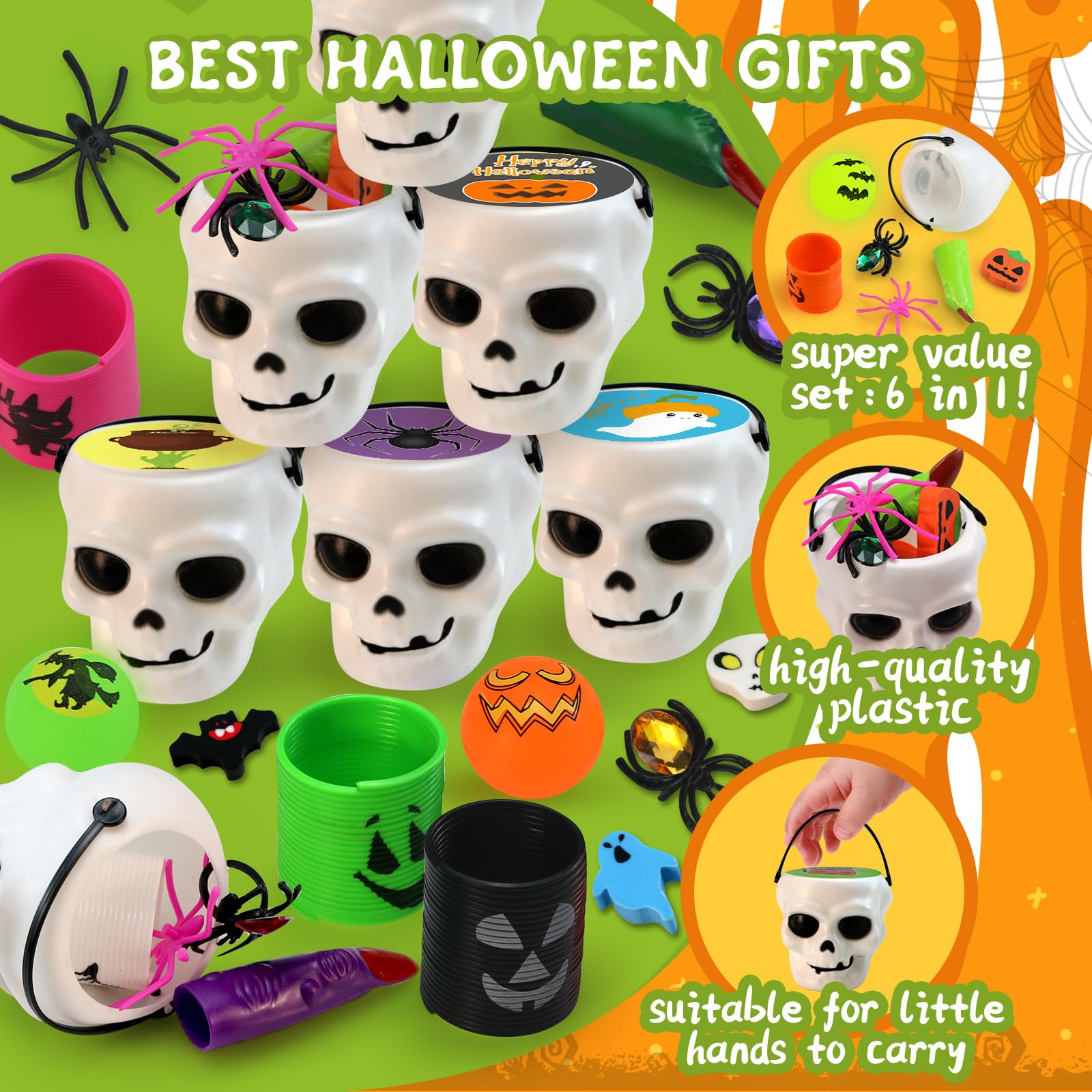 384PCS Halloween Party Favor Bulk for Kids, 48PACK Prefilled Ghost Cauldrons with 6 Halloween Toys inside, Halloween Goodie Bag Fillers, Halloween Prizes Gifts Miniatures for Kids,Trick or Treat