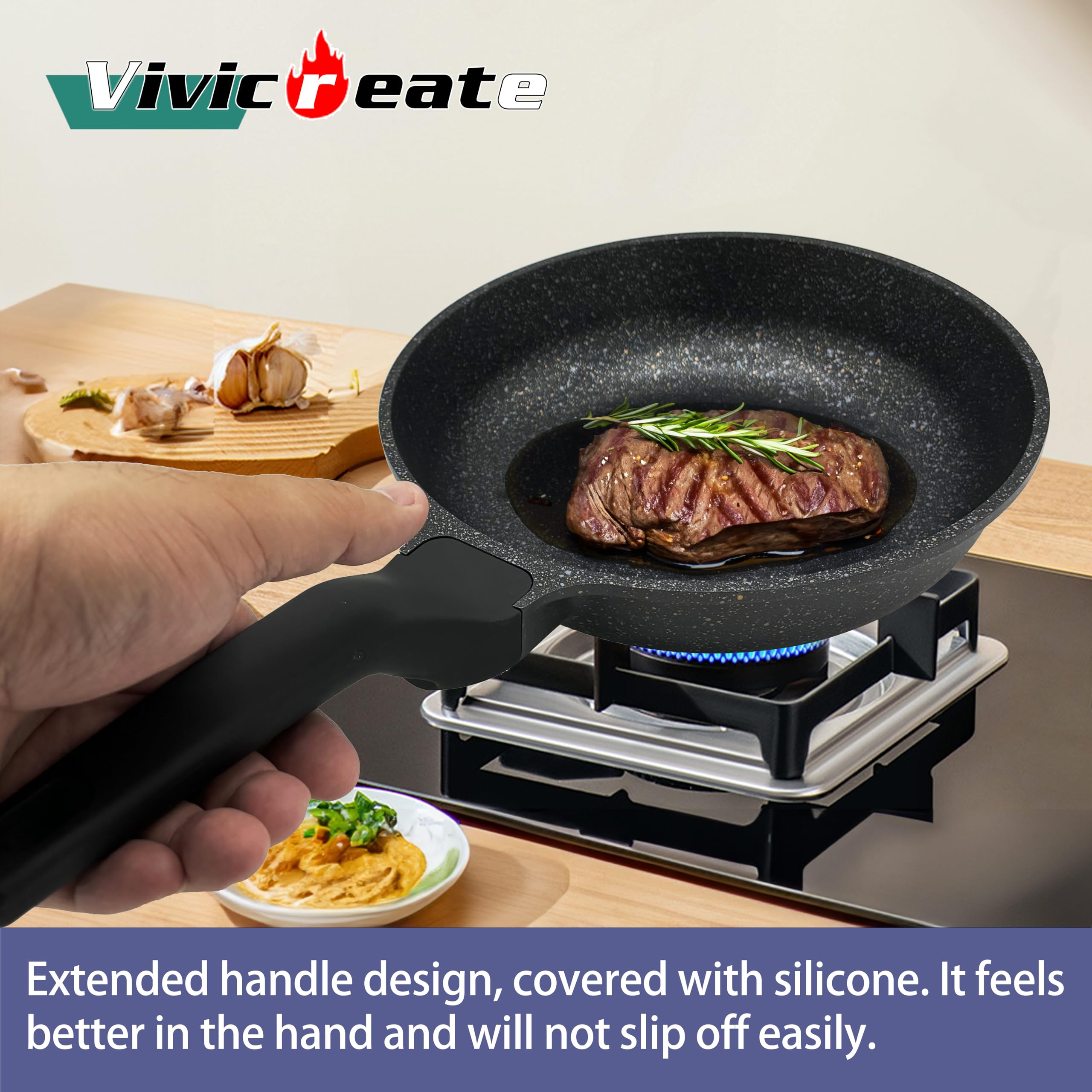 vivicreate 9.5 inch non stick marble color coating fry pan with long rubber coating handle and stainless steel bottom, suitable for induction electrical gas stove