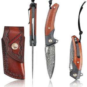 handmade forged damascus steel folding pocket knife, 3.07inch damascus steel blade and 4.05inch wood handle,with pocket clip,retro leather sheath, edc pocket knives for camping tactical outdoor knife.