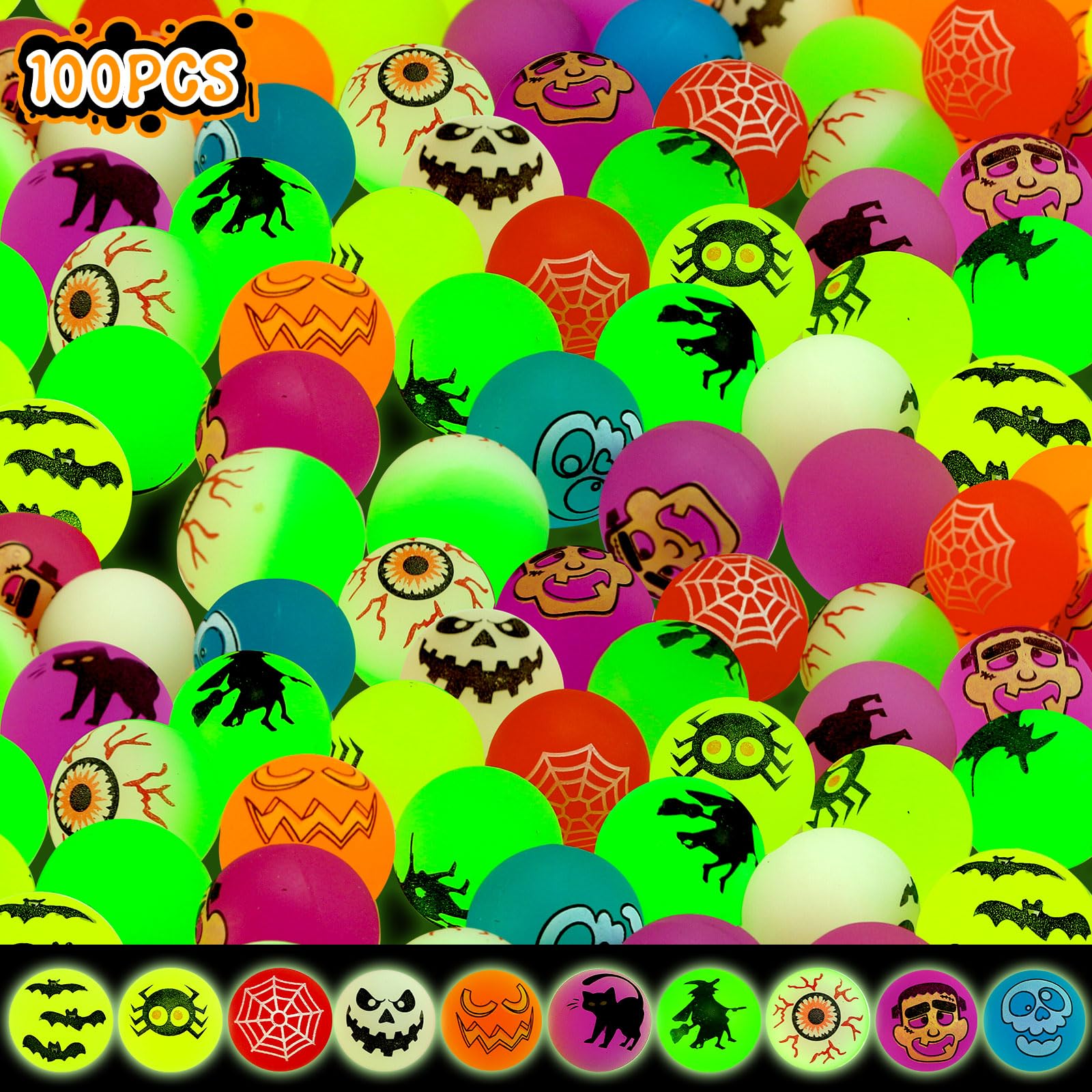 100 Piece Halloween Glow in The Dark Bouncing Balls, 10 Halloween Theme Designs for Halloween Party Favor Supplies, School Classroom Game Rewards, Trick or Treating Goodie Bags, Halloween Miniatures