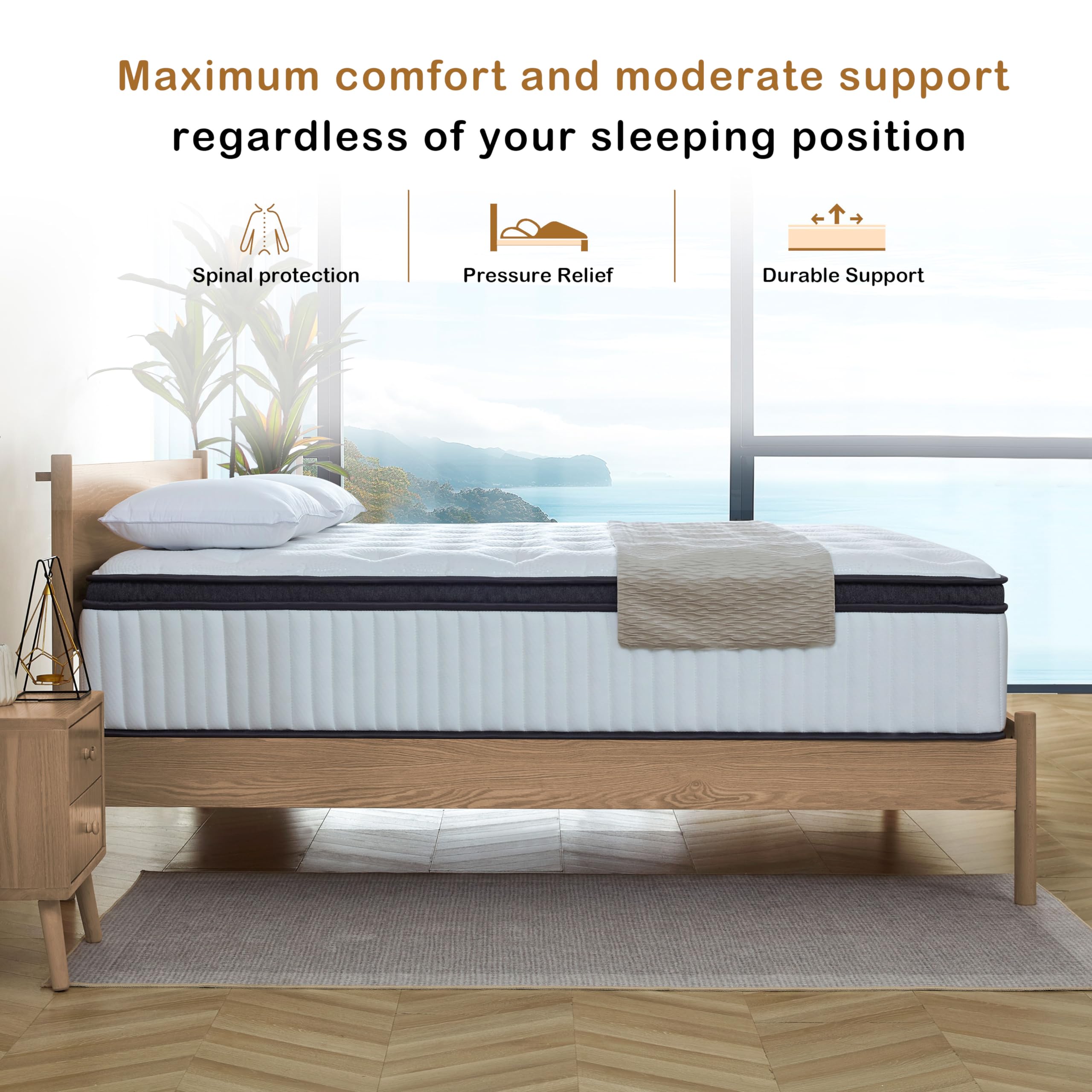 Tegeniss King Mattress, 12 Inch Innerspring Hybrid Mattress in a Box with Gel Memory Foam, Individually Wrapped Encased Coil Pocket Spring Mattress, Pressure Relief, Medium Firm Support,76"*80"*12"