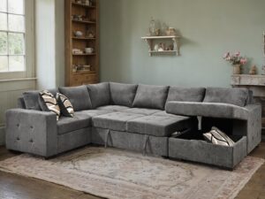 thsuper sectional sleeper sofa bed with storage chaise, u shape oversized sectional couch with pull out bed for living room, 6 seater dark gray