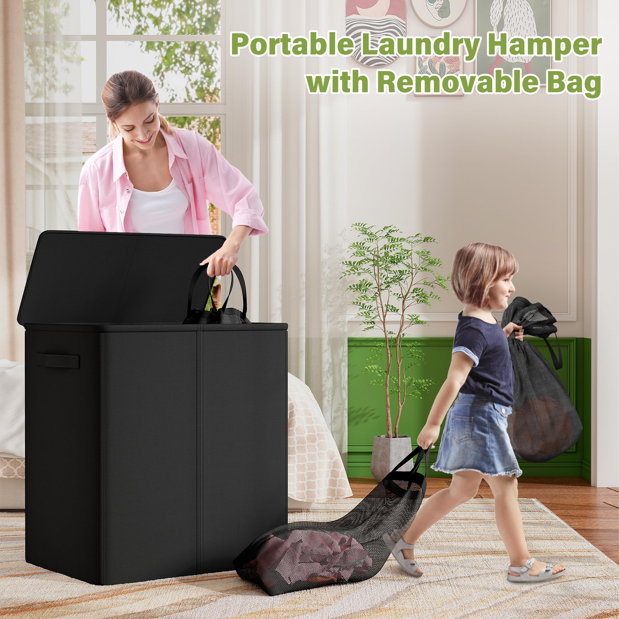 Raybee Laundry Basket 180L Laundry Hamper with Lid Black Laundry Basket 3 Section Laundry Hamper with Removable Bags Collapsible Dirty Clothes Hampers for Laundry Closet Bathroom 24.8''L*16.1''W*27''H