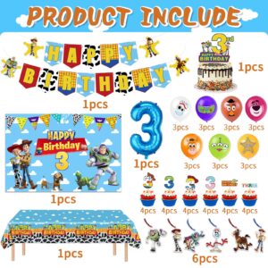 Toy Inspired Story Birthday Decorations For 3 Year Old,Include Happy Birthday Banner,Balloons,Backdrop,Tablecloth Cake Topper For 3rd Birthday Decorations for Boys.