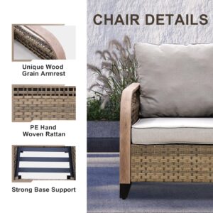 EAGLE PEAK Modern Wicker Outdoor Patio Furniture Set, Patio Conversation Set, 2 Patio Chairs, 2-Seat Loveseat, Coffee Table and Side Table, 5 Pieces, Brown/Gray