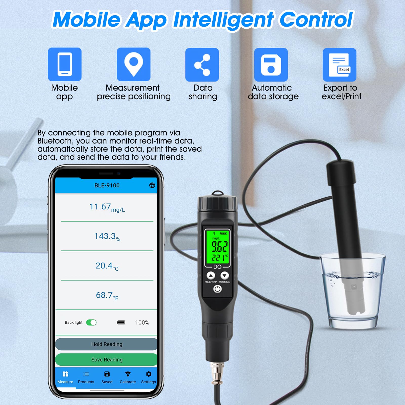 LYCEBELL Dissolved Oxygen Meter with Bluetooth Filling Fluid Range:0-30mg/L, with Automatic Temperature Compensation Function,Pen Type Dissolved Oxygen Test Kit for Aquarium, Ponds, Aquaculture