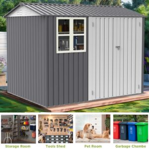 Large Metal Outdoor Storage Shed, 6 x 8 Ft, with Window, Galvanized Steel, Gray, for Backyard Garden Tools