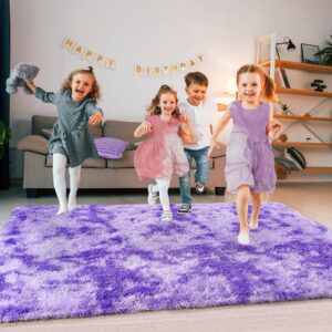 Super Fluffy Rug for Bedroom, 4x6 Shag Fuzzy Area Rug for Living Room Bedroom, Plush Soft Carpet for Girls Boys Kids, Non Slip Throw Rugs for Dorm, Modern Home Decor Aesthetic, Tie-Dyed Purple