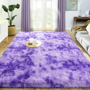 super fluffy rug for bedroom, 4x6 shag fuzzy area rug for living room bedroom, plush soft carpet for girls boys kids, non slip throw rugs for dorm, modern home decor aesthetic, tie-dyed purple