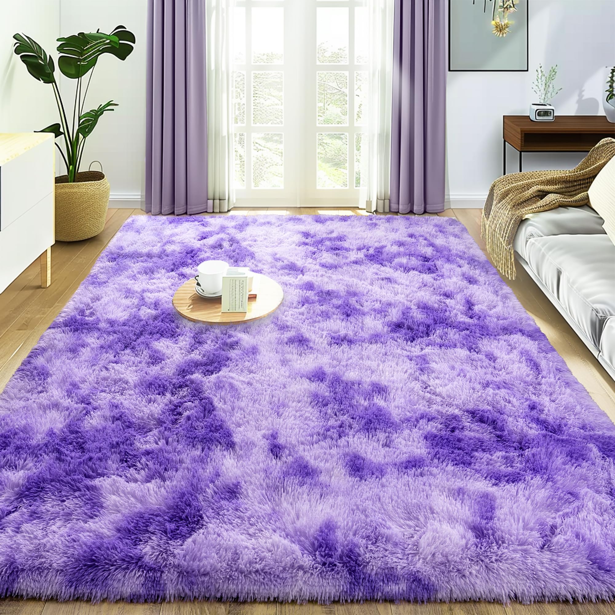 Super Fluffy Rug for Bedroom, 4x6 Shag Fuzzy Area Rug for Living Room Bedroom, Plush Soft Carpet for Girls Boys Kids, Non Slip Throw Rugs for Dorm, Modern Home Decor Aesthetic, Tie-Dyed Purple