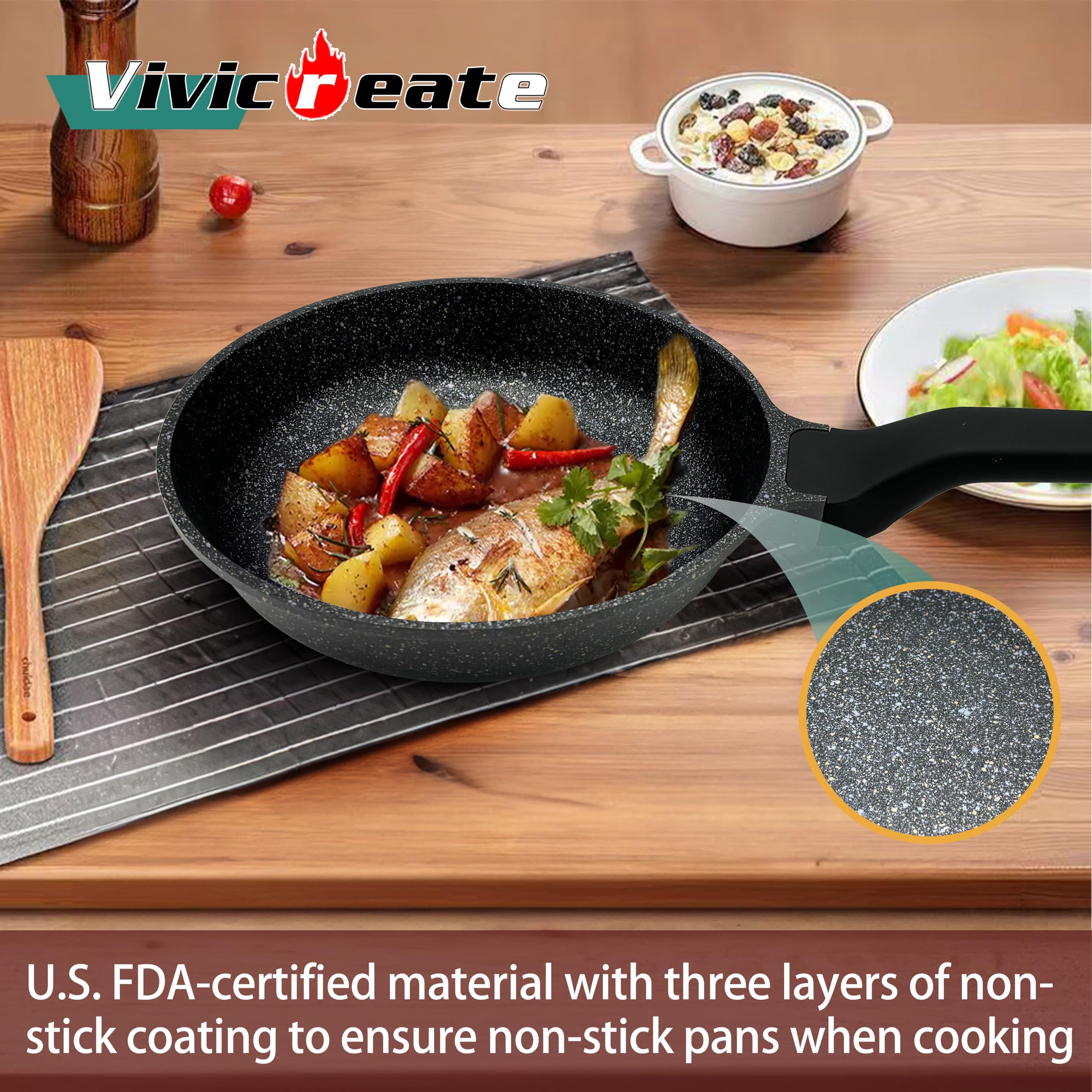 vivicreate 9.5 inch non stick marble color coating fry pan with long rubber coating handle and stainless steel bottom, suitable for induction electrical gas stove