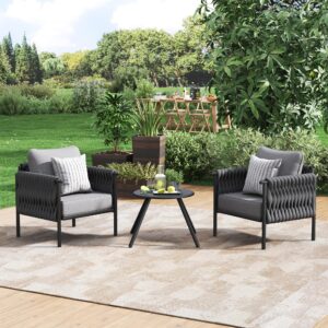 Amopatio Patio Furniture Set 3 Pieces, Modern Outdoor Furniture Sofa Bistro Sets with 6" Thickened Cushion, Metal Outdoor Couch Porch Pool Furniture(Grey)