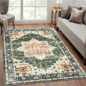 royhome area rug 8x10 vintage low pile rugs non-slip washable rug indoor floor cover print distressed carpet non-shedding oriental area rug for living room bedroom, 8’x10’, green