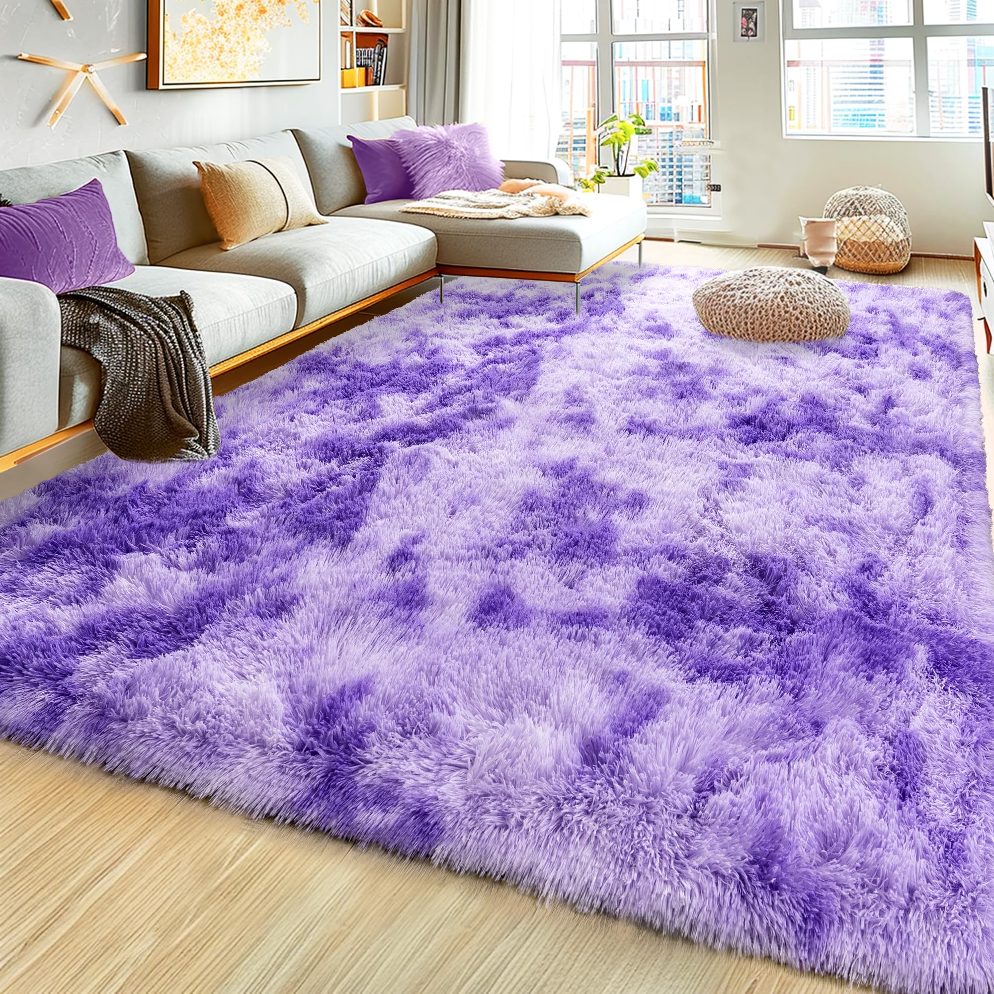 Super Fluffy Rug for Bedroom, 4x6 Shag Fuzzy Area Rug for Living Room Bedroom, Plush Soft Carpet for Girls Boys Kids, Non Slip Throw Rugs for Dorm, Modern Home Decor Aesthetic, Tie-Dyed Purple