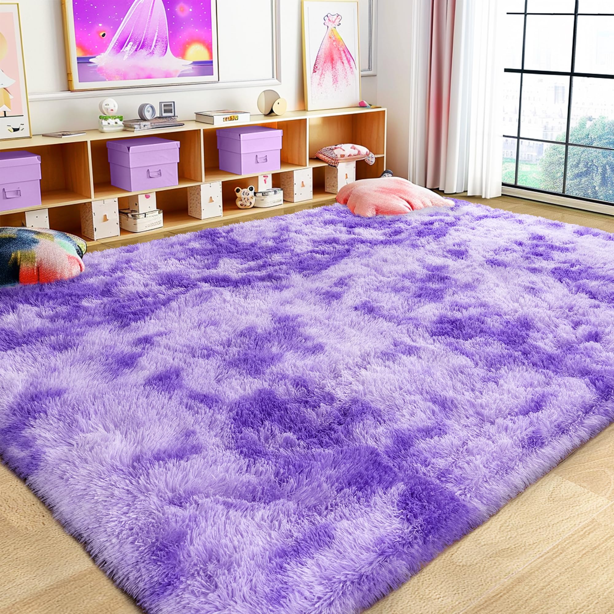 Super Fluffy Rug for Bedroom, 4x6 Shag Fuzzy Area Rug for Living Room Bedroom, Plush Soft Carpet for Girls Boys Kids, Non Slip Throw Rugs for Dorm, Modern Home Decor Aesthetic, Tie-Dyed Purple