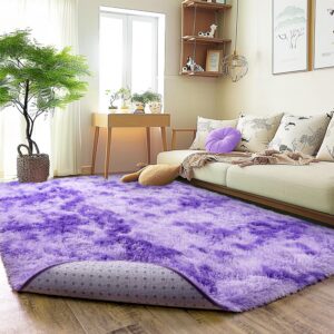 Super Fluffy Rug for Bedroom, 4x6 Shag Fuzzy Area Rug for Living Room Bedroom, Plush Soft Carpet for Girls Boys Kids, Non Slip Throw Rugs for Dorm, Modern Home Decor Aesthetic, Tie-Dyed Purple