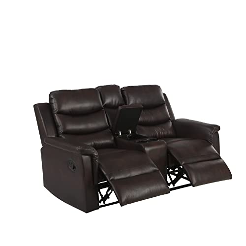 Manual Motion Reclining Loveseat Sofa Couch with Cup Holders and 2 Recliner Chaises,Faux Leather Upholstered Wall Hugger Sofa&Couch for Home Theater Apartment RV Living Room