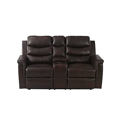 Manual Motion Reclining Loveseat Sofa Couch with Cup Holders and 2 Recliner Chaises,Faux Leather Upholstered Wall Hugger Sofa&Couch for Home Theater Apartment RV Living Room