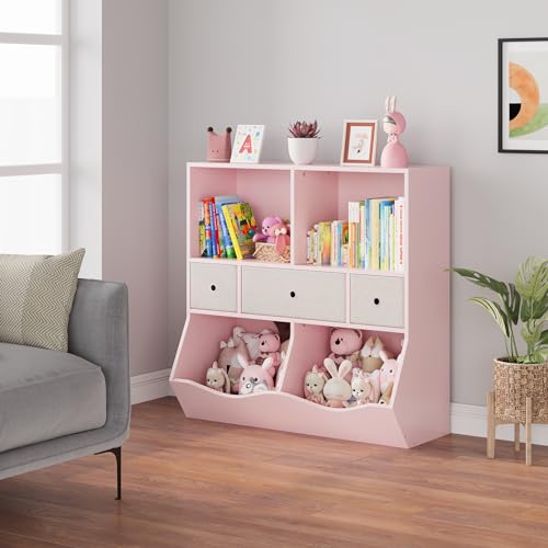 IDEALHOUSE Kids Toy Storage Organizer with 3 Movable Drawers, 3 Tier Children Bookcase and Bookshelf, 7 Cubby Toy Storage Cabinet, Toy Shelf for Playroom, Bedroom, Living Room, Nursery,Pink