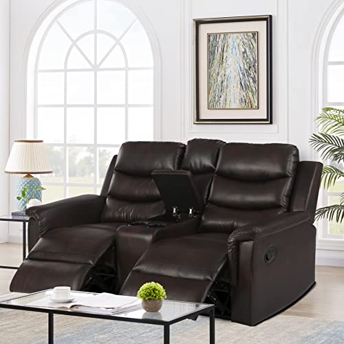 Manual Motion Reclining Loveseat Sofa Couch with Cup Holders and 2 Recliner Chaises,Faux Leather Upholstered Wall Hugger Sofa&Couch for Home Theater Apartment RV Living Room