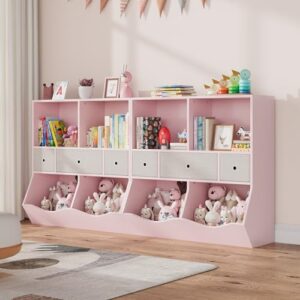 IDEALHOUSE Kids Toy Storage Organizer with 3 Movable Drawers, 3 Tier Children Bookcase and Bookshelf, 7 Cubby Toy Storage Cabinet, Toy Shelf for Playroom, Bedroom, Living Room, Nursery,Pink