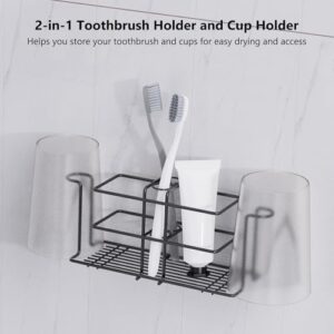 Honsdom Shower Caddy 3 Pack, Adhesive Shower Organizer, No Drilling, Rustproof Shower Rack with Hooks & Cup Holder & Toothbrush Holder, Shower Shelf for Bathroom Shower Storage Organizer (Black)