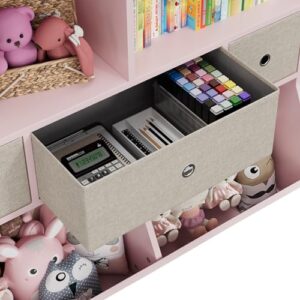 IDEALHOUSE Kids Toy Storage Organizer with 3 Movable Drawers, 3 Tier Children Bookcase and Bookshelf, 7 Cubby Toy Storage Cabinet, Toy Shelf for Playroom, Bedroom, Living Room, Nursery,Pink