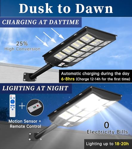 JAYNLT 6000W Solar Street Lights Outdoor, 600000LM 6500K Powerful Solar Parking Lot Lights Commercial, Duks to Dawn Solar Flood Lights Outdoor with Motion Sensor for Yards, Driveways