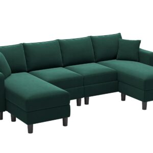 Belffin U Shaped Sectional Sofa Velvet Convertible Sofa with Reversible Chaises Sectional Couches with Ottomans for Living Room (Green)…