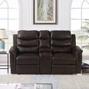 Manual Motion Reclining Loveseat Sofa Couch with Cup Holders and 2 Recliner Chaises,Faux Leather Upholstered Wall Hugger Sofa&Couch for Home Theater Apartment RV Living Room