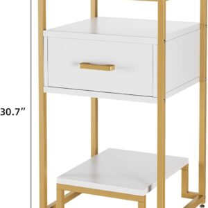 Nightstand Set of 2, End Table with Storage Drawer and 3-Tier Storage & Tempered Glass Top, Bedside Furniture with Steel Frame, Side Table for Bedroom, Dorm, Easy Assembly, White and Gold