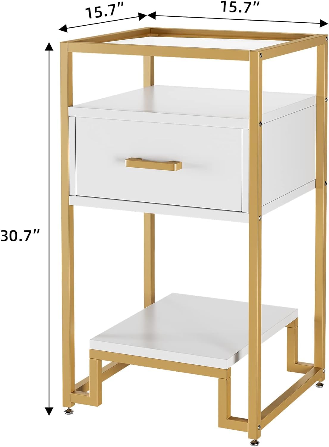 Nightstand Set of 2, End Table with Storage Drawer and 3-Tier Storage & Tempered Glass Top, Bedside Furniture with Steel Frame, Side Table for Bedroom, Dorm, Easy Assembly, White and Gold